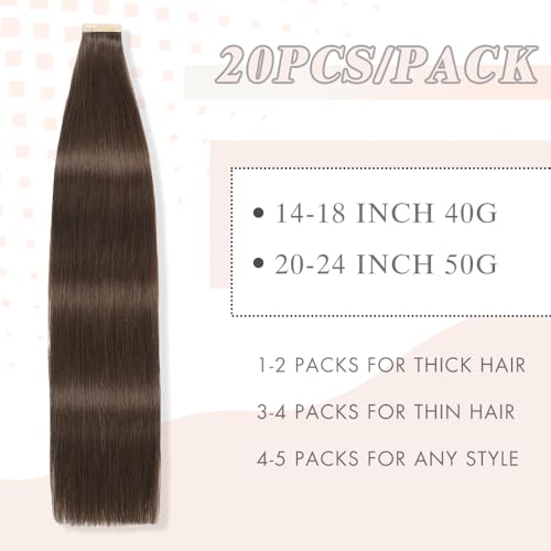 Remy Human Hair Tape Extensions 20pcs Darkest Brown Skin Weft