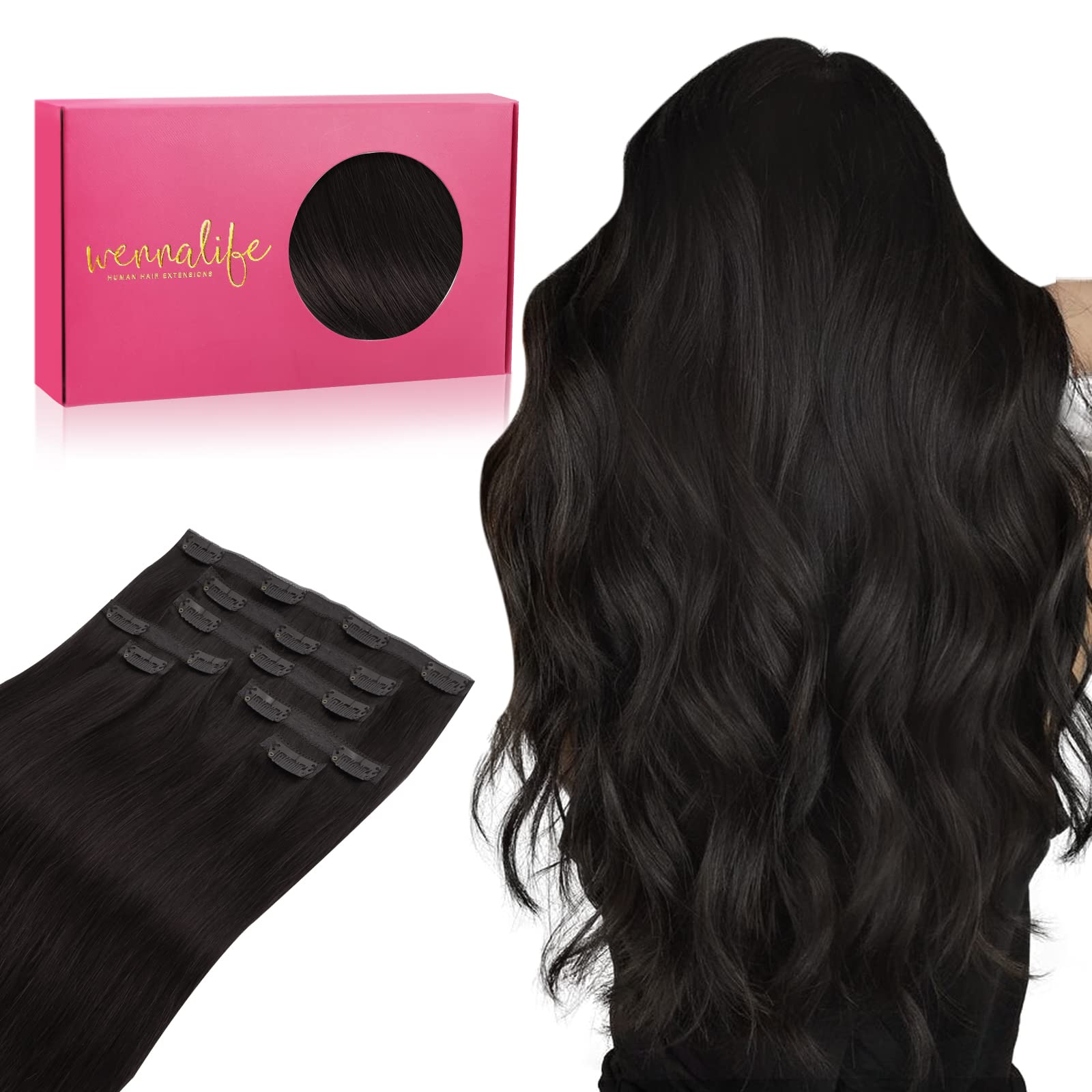 Natural Black Seamless Clip-in Hair Extensions - 7 Pieces