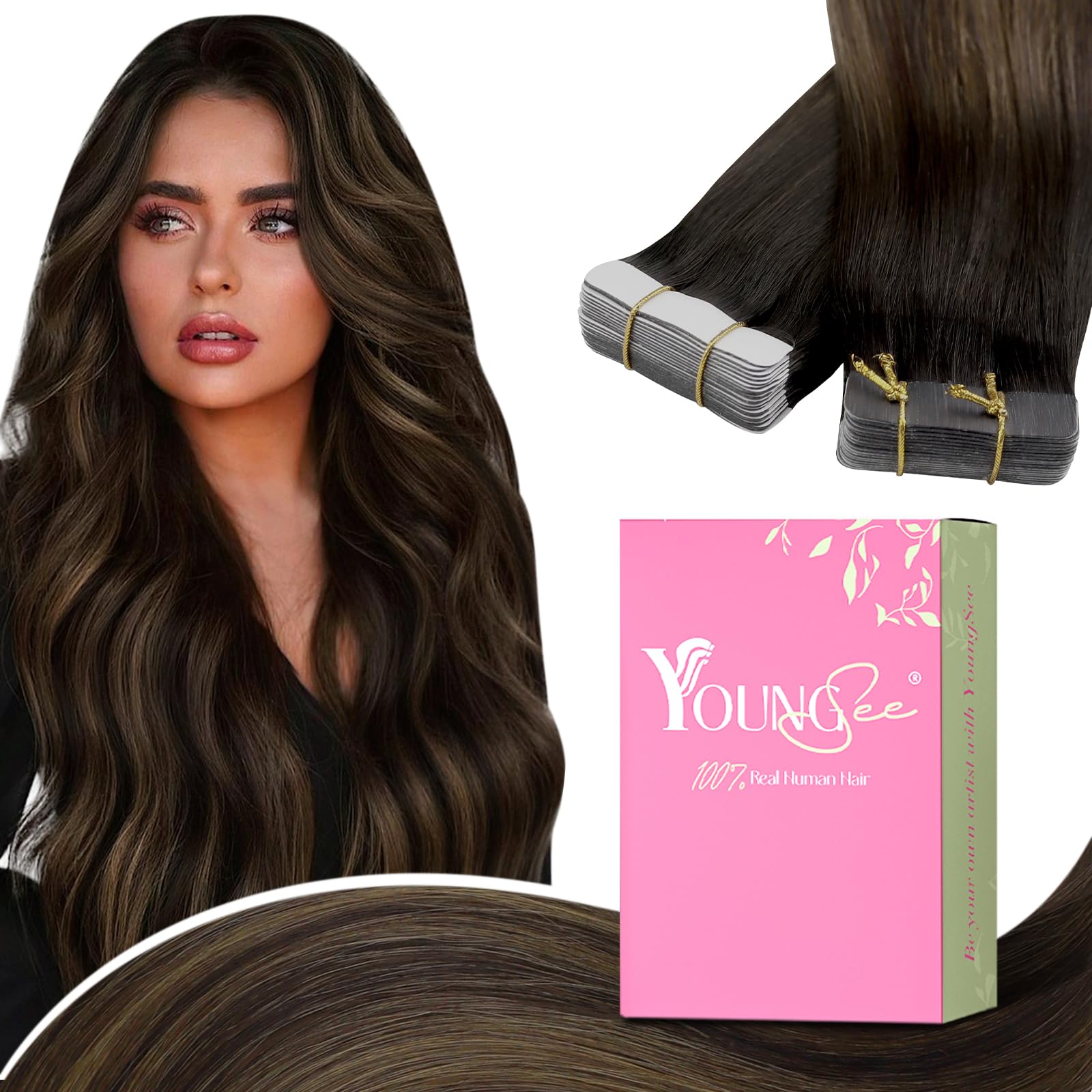 Brown Balayage Human Hair Tape Extensions for Young Women