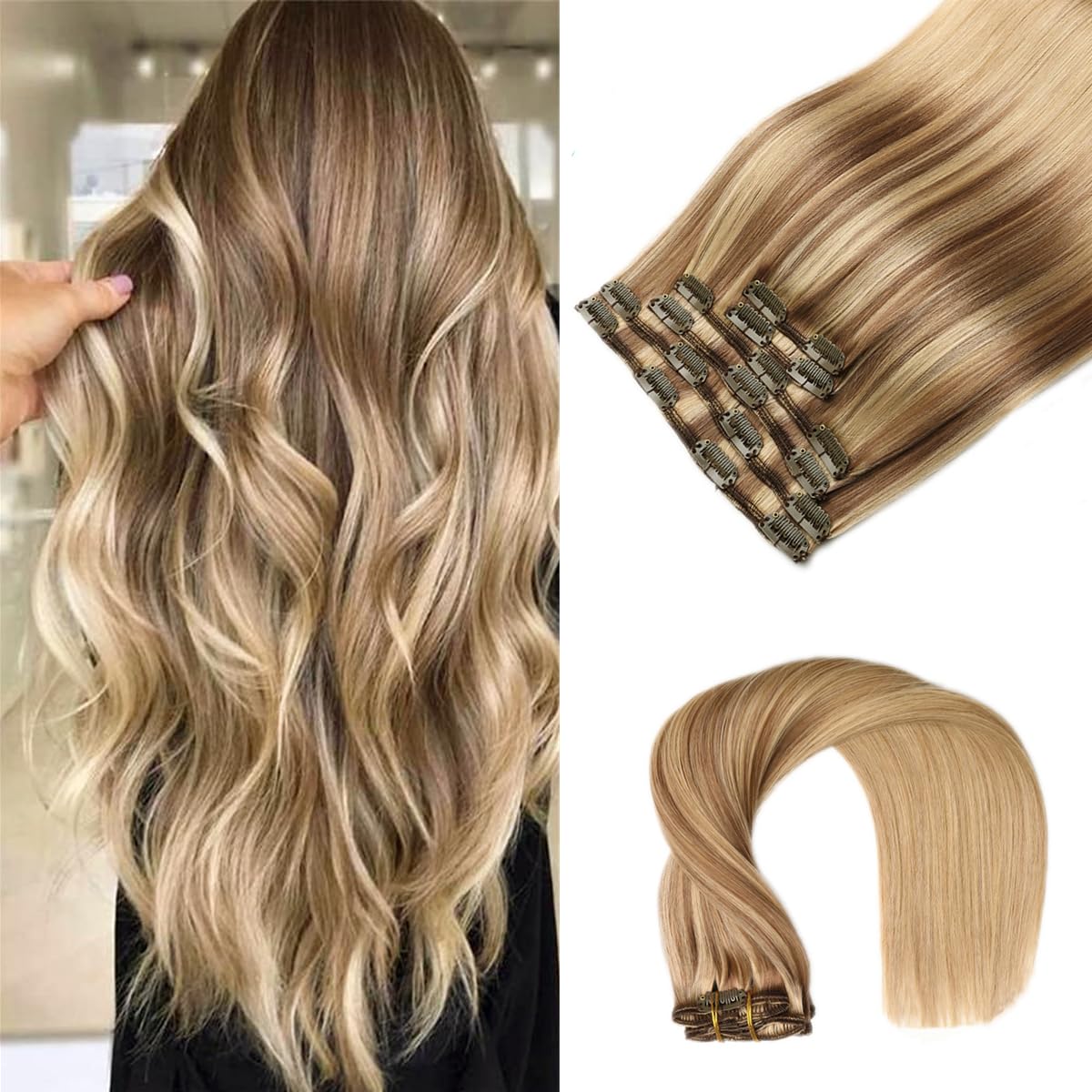 Remy Human Hair Extensions 20 Inch Ash Brown to Caramel Blonde