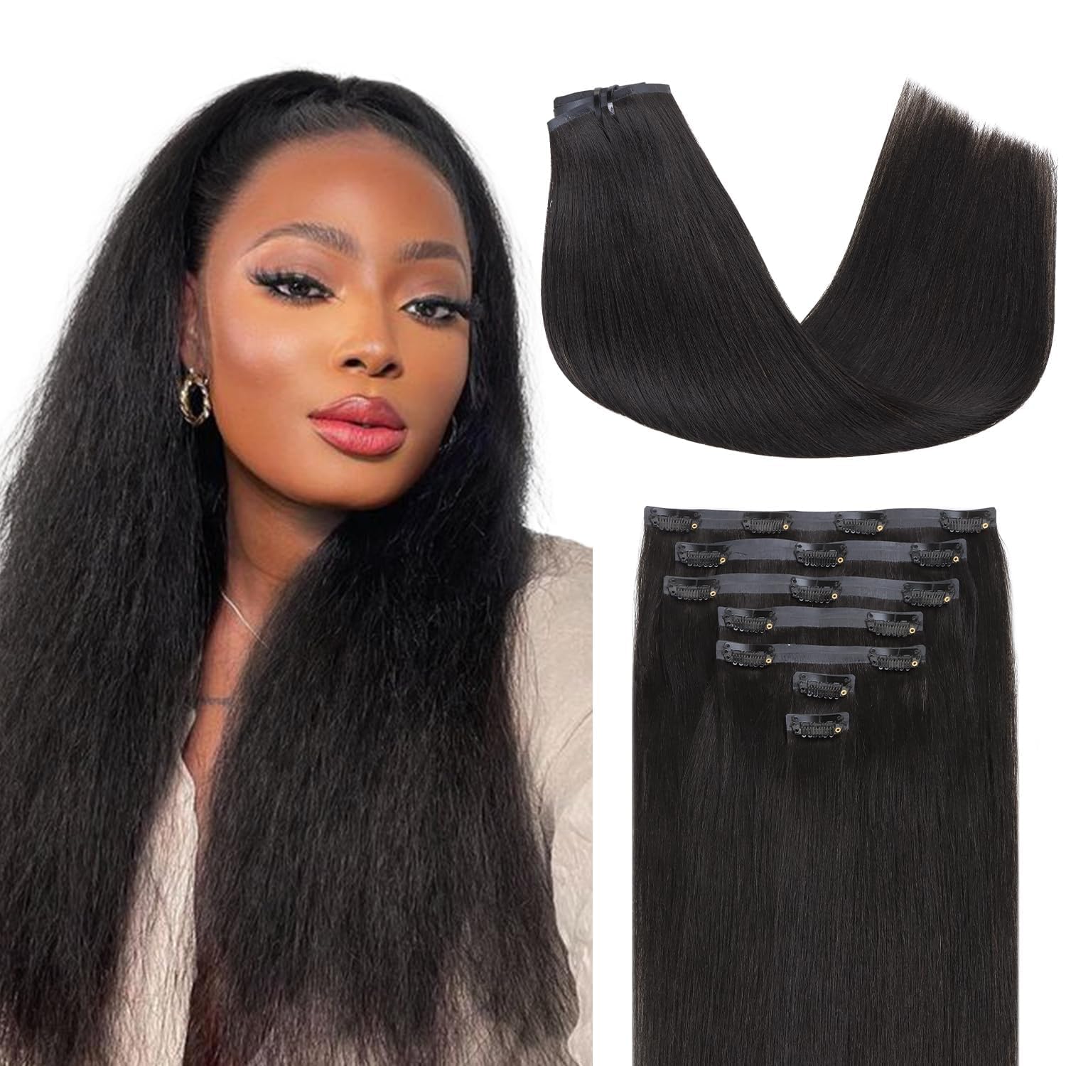 Lashey Seamless Clip in Human Hair Extensions 14 Inch Light Yaki Straight for Women