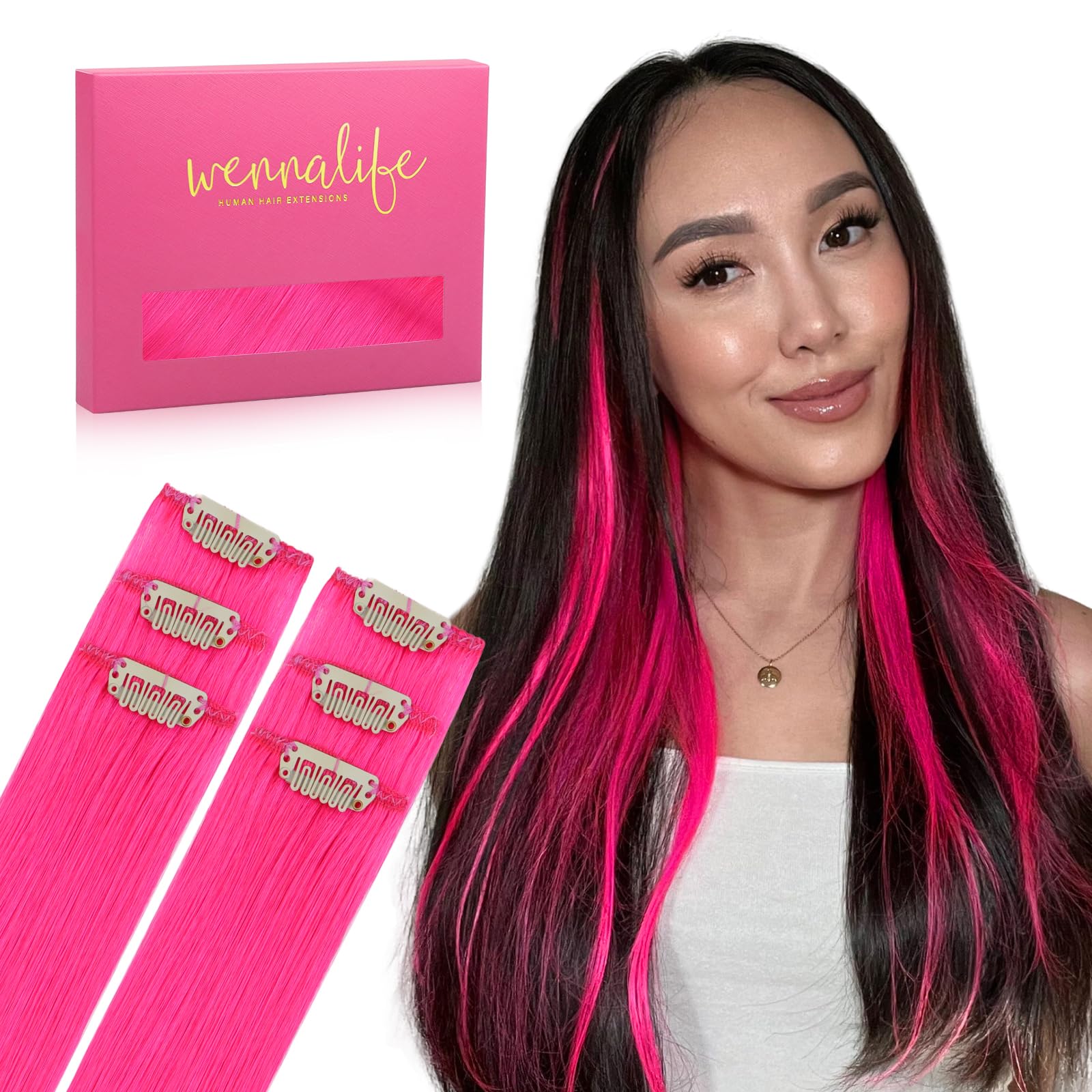 Hot Pink Clip-In Hair Extensions for Kids & Women - 18 Inch, 30g, 6pcs
