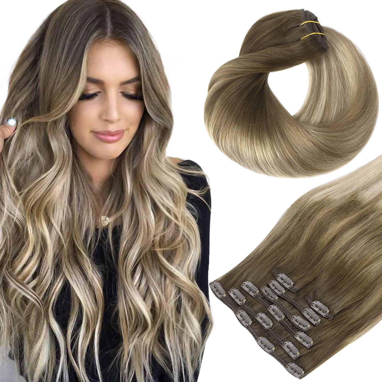 HOTBANANA 14-Inch Ombre Walnut to Ash Brown Clip-In Hair Extensions - 120g Real Human