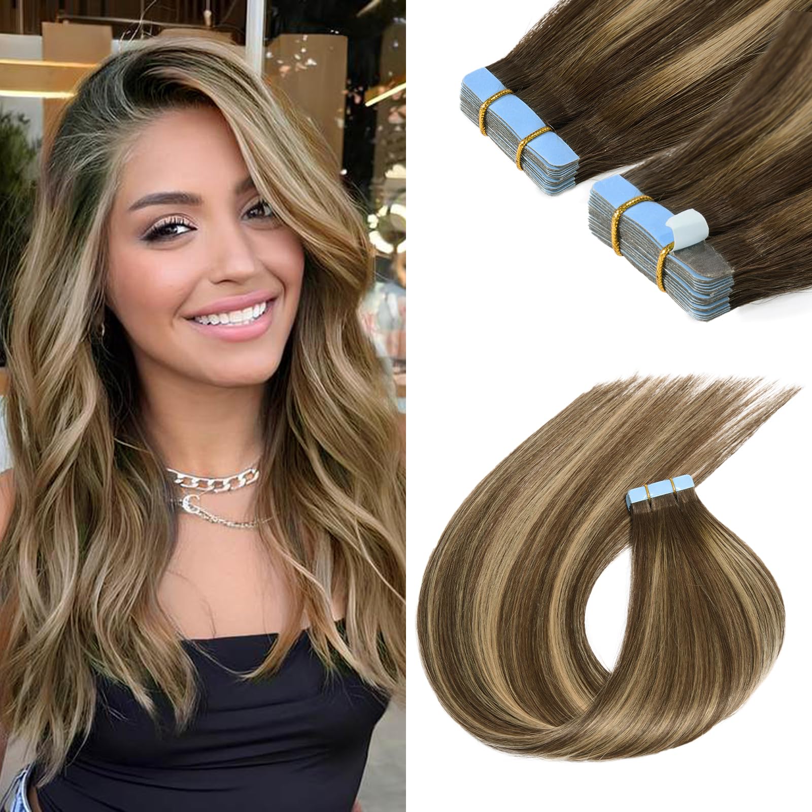 16 Inch Balayage Chocolate Brown to Caramel Blonde Human Hair Extensions Tape - 20pcs