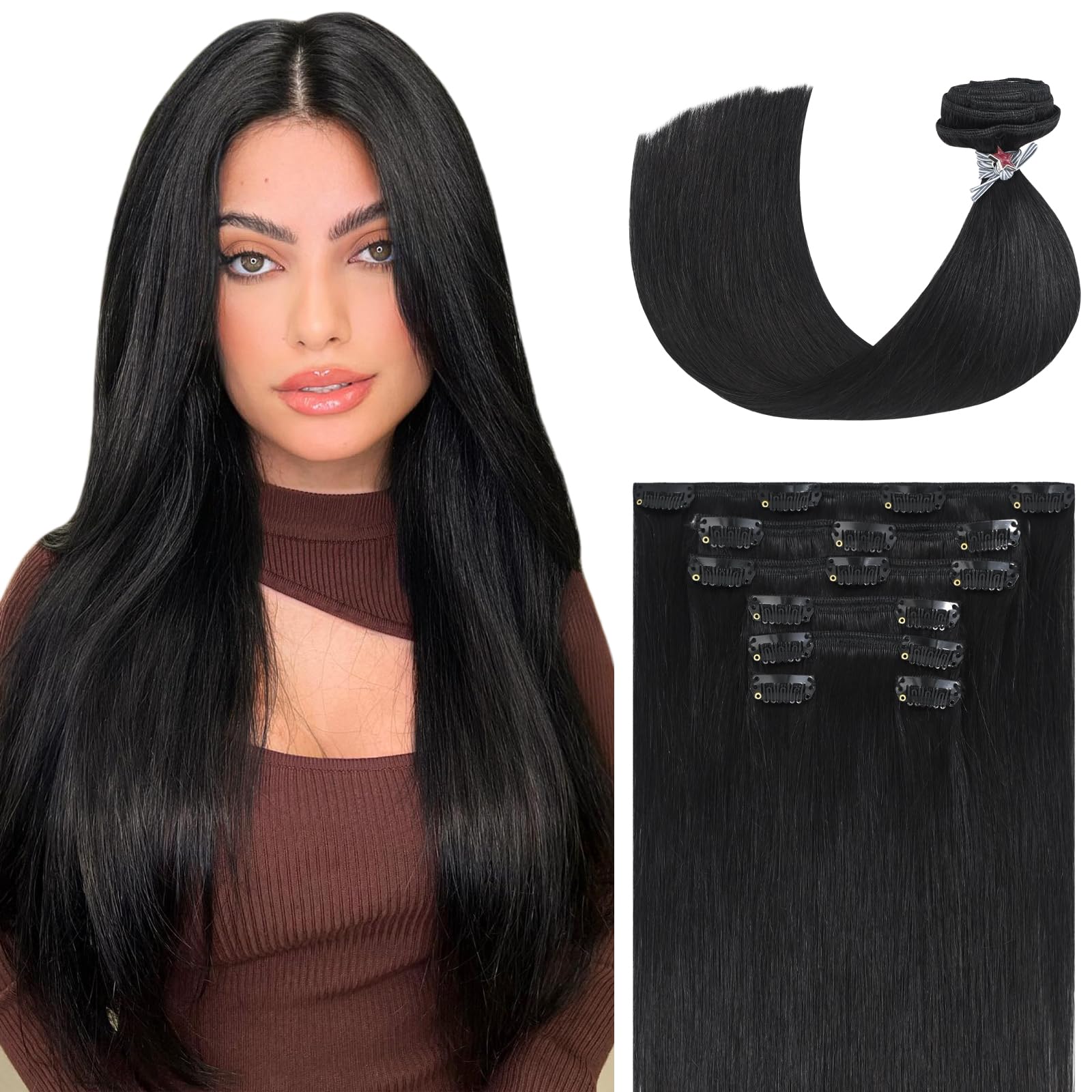 Ukira 20-Inch Real Human Hair Extensions for Black Women - 70g, 7pcs Natural Straight